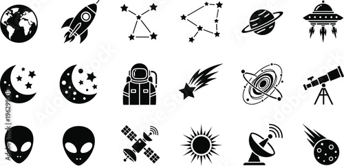 Space icon set with planets rocket astronaut satellite UFO and constellations, flat vector illustration for astronomy science galaxy and universe design