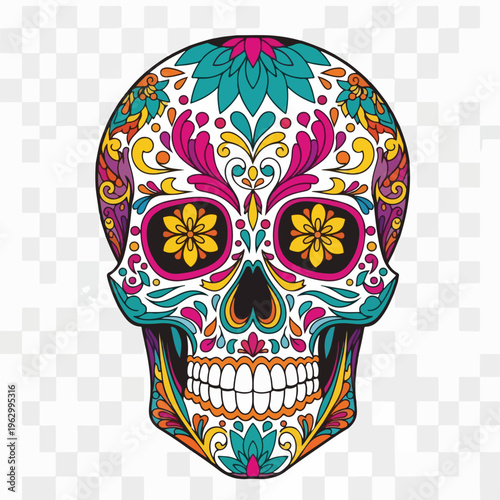 A vibrantly colored skull design with floral elements and intricate patterns