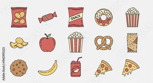 Assorted Snack Food Illustrations - Chips, Candy, Doughnut, Popcorn, and More.