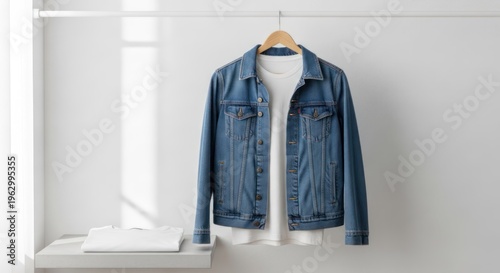 A denim jacket hanging on a hanger against a white wall. The jacket is light blue with a classic design, featuring a white t-shirt underneath. 