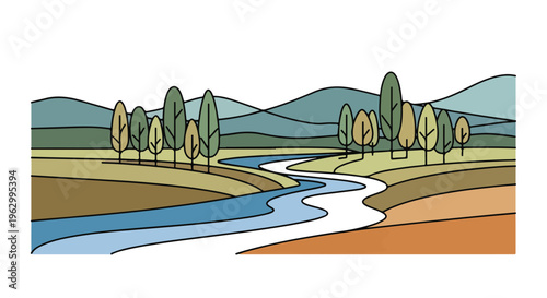 A winding river landscape with trees and distant rolling hills