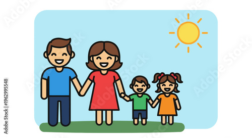 Happy family standing together outside smiling.