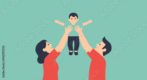Happy family with little boy up high.
