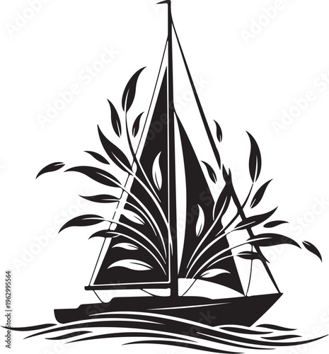 Black silhouette sailboat with tropical leaves on white background