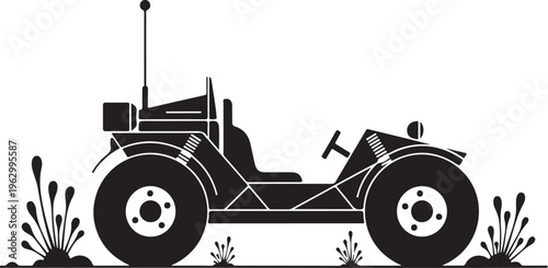 Black silhouette of vintage jeep with antenna and floral