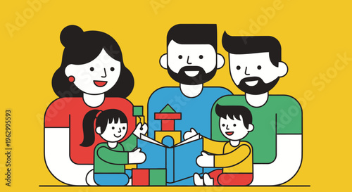 Happy family with two fathers playing.