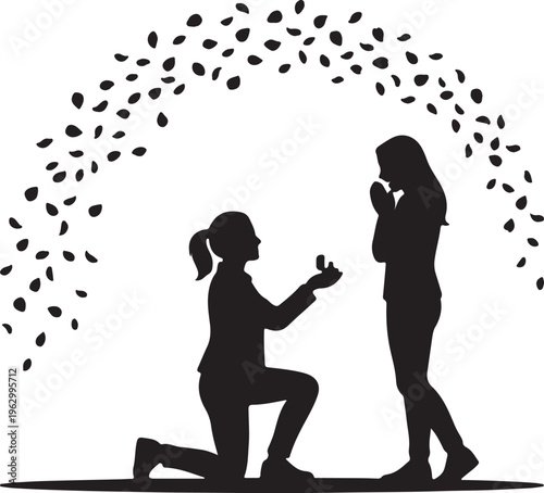 Romantic Proposal Silhouette, Man Kneeling with Engagement Ring, Love and Marriage Vector Art, Wedding Invitation Logo Design