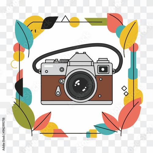 A vintage camera design, surrounded by a colorful floral frame