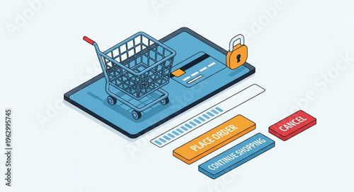 Online Shopping Security - Cart, Credit Card, and Padlock on Tablet.