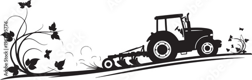 Black silhouette tractor plowing through flowers and butterflies on white background