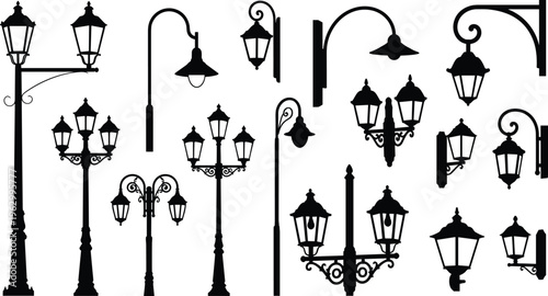 street, lamp, vintage, lantern, light, pole, classic, urban, outdoor, lighting, decorative, silhouette, retro, city, night, illumination, design, collection, vector, illustration