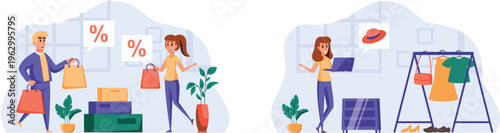 People shopping with bags and discounts in modern retail store settings and online shopping experience shown