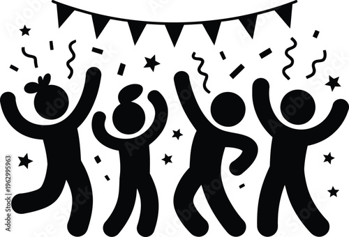 Celebratory silhouettes dancing under party decorations with confetti and stars