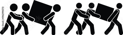 Teamwork illustration showing people carrying a large object together in two different formations.