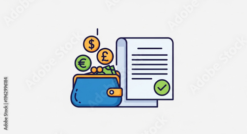 Financial Transaction Illustration - Wallet, Coins, and Approved Document.