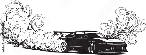 Black sports car with smoke and flames black car racing