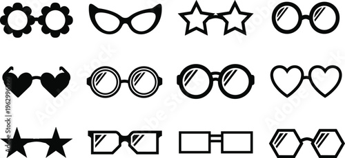 Stylish sunglasses icons set, fashion eyewear collection, trendy glasses shapes, modern accessory design, summer style elements, flat vector illustration