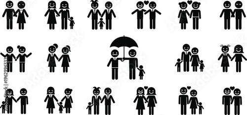 Diverse stick figure family icons set, featuring gay, lesbian, and heterosexual couples with children, representing inclusive relationships and modern parenthood.