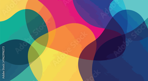 Abstract artwork of overlapping, colored, and transparent shapes