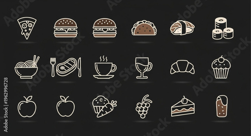 Assorted Food Icons - Pizza, Burger, Sushi, and More.