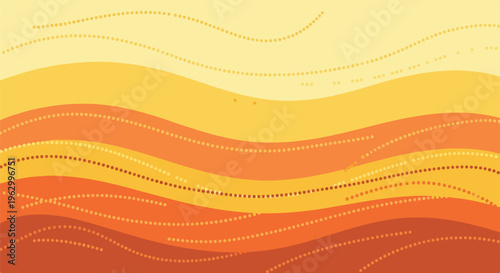 A wave-like artwork featuring warm colors, dotted patterns, and curving lines