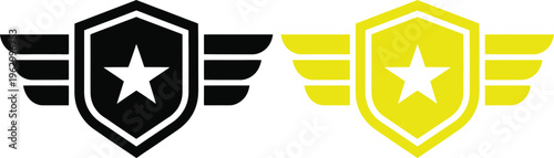 Contrast of black and yellow aviation-inspired military badges with star emblems