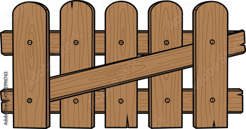 Vector illustration of wooden fence with planks, beams, and brace, symbolizing garden boundary, yard enclosure, rustic design, and outdoor construction.