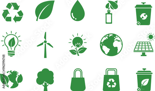 Vector illustration of green eco icons including recycling, renewable energy, leaf, water, solar panel, and sustainability symbols for environmental design.