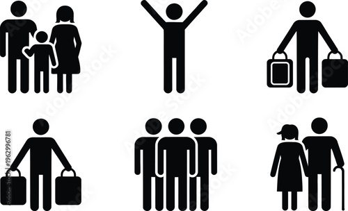 Collection of icons depicting various travel and group scenarios