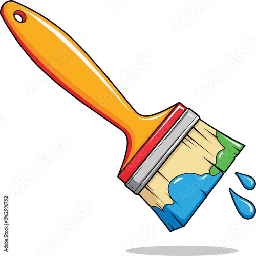Cartoon vector illustration of paintbrush with orange handle and dripping blue and green paint, symbolizing creativity, art, design, and artistic expression.
