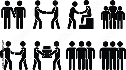 Illustrations of various professional and social interaction scenarios among people