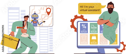 A virtual assistant helps professionals with tasks while a robot assists a business person on the go