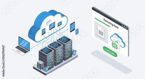 Cloud Computing and Data Storage Illustration with Servers and Devices.