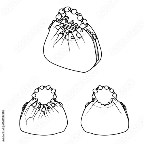 Fashionable Beaded Handle Drawstring Handbag Sketch.