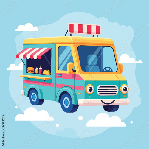 A whimsical food truck floats amidst fluffy clouds, colorful and cheerful