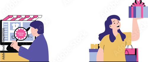 A woman excitedly receives a gift box while a person checks special online clothing deals on a computer screen