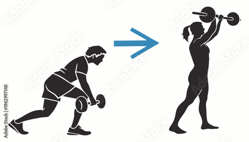 Fitness transformation concept with silhouettes of woman before and after workout with dumbbells