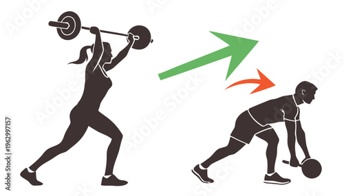 Fitness transformation concept with silhouettes of woman before and after workout with dumbbells and barbell