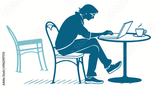 Freelancer working on laptop at a cafe focused and productive in a modern workspace setting with a cup of coffee