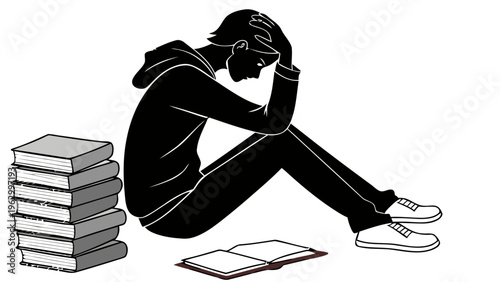 Student sitting in stress with books feeling overwhelmed and frustrated isolated on white background