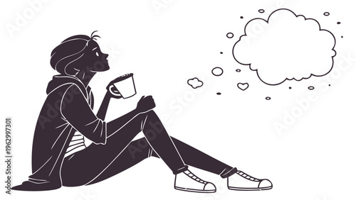 Person sitting with coffee cup lost in thought daydreaming relaxation calmness serenity and contemplation