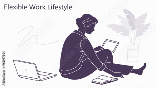 Person sitting on floor working on laptop and tablet in modern home environment with plant