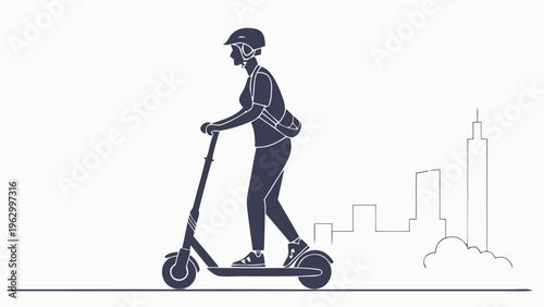 Person riding electric scooter in cityscape with skyscrapers in background silhouette