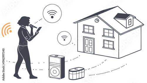 Person giving voice command to smart home devices with smartphone controlling wifi connected speaker and appliances