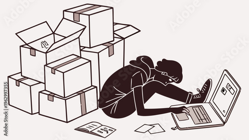 Overwhelmed person buried under multiple delivery boxes working on laptop stressed