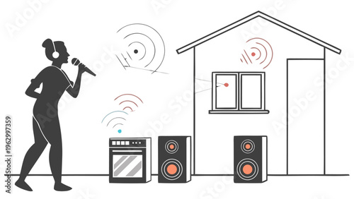 Person giving voice command to smart home devices with speakers and microphone
