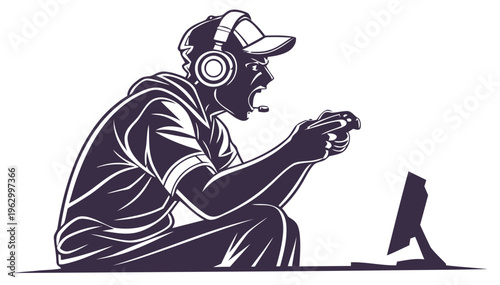 Silhouette of a gamer sitting with headset and controller in front of monitor engaged in intense gaming session with focused expression