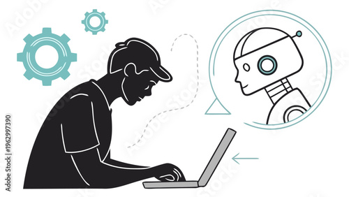 Person working on laptop with ai robot concept technology and innovation