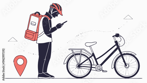 Delivery rider checking mobile phone next to bicycle with backpack