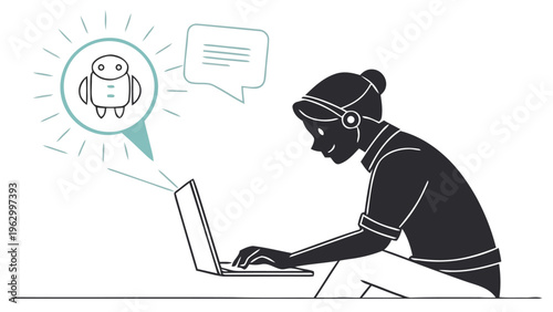 Black silhouette of a person working on laptop with chatbot ai bot icon and speech bubble on white background